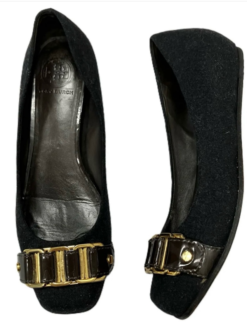 Tory Burch Martha Chain Link Ballet Flats Black Flannel Sz 9 - Picture 2 of 9